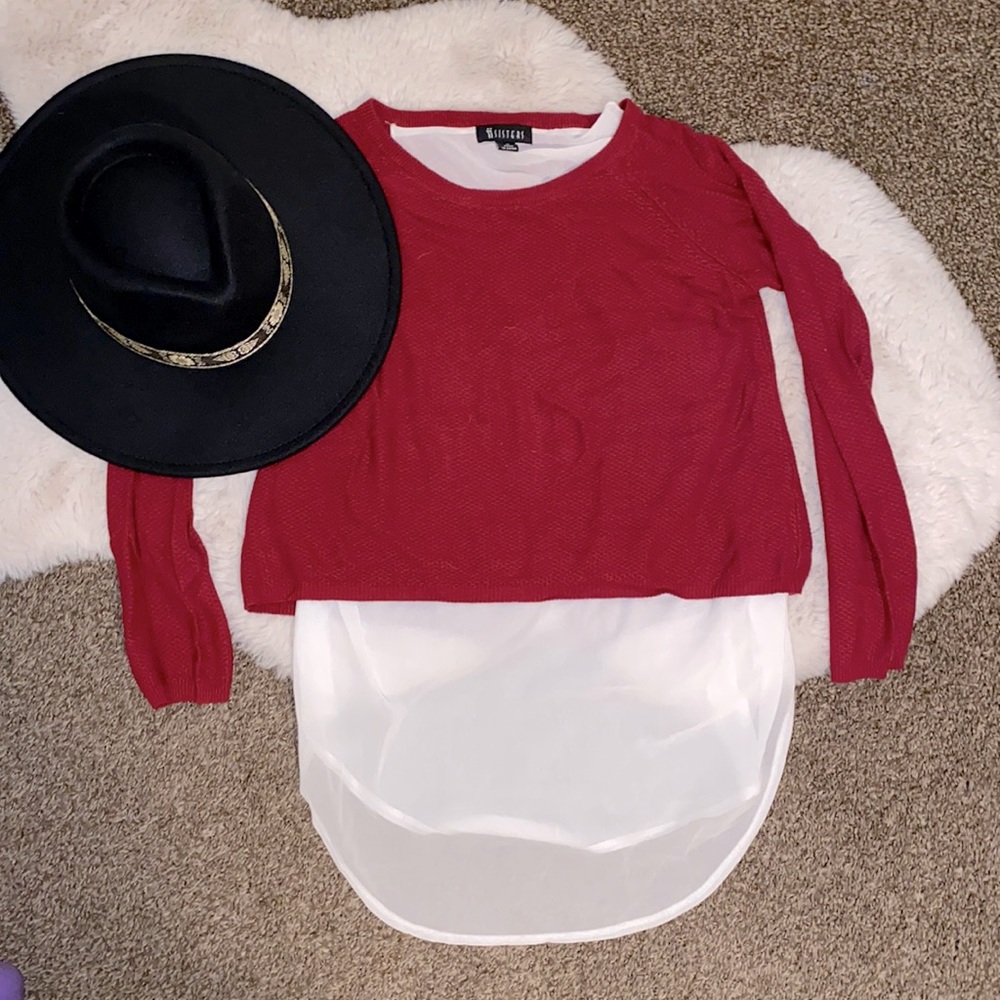 Red sweater with sheer white trim
